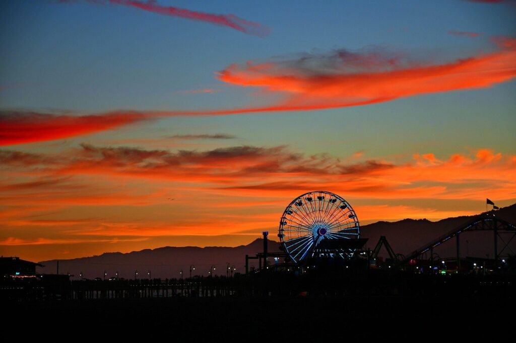 losangeles, santamonica, rollercoaster, usa, california, beach, sunset, santamonicapier, pier, nature, lunapark, merry-go-round, amusement, ride, sky